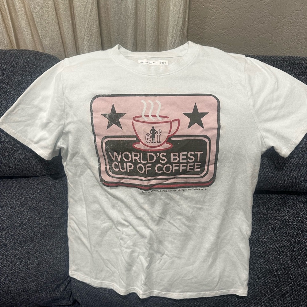 Abercrombie Kids White Tee with Pink Coffee Graphic